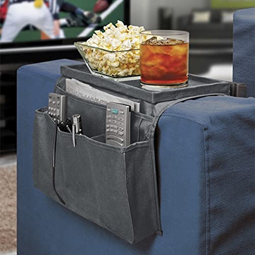 5 Pockets TV Remote Control Holder Couch Sofa Tray Armrest Organiser Oxford Chair Couch Caddy Sofa Armrest Bag Bedside Storage Hanging Organiser for Magazine Books Snack Mobile DVD Cellphone (Grey-a) - color: Grey-a
