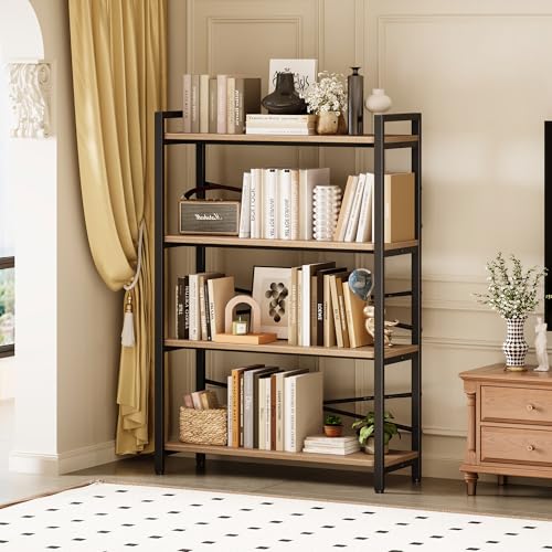 4 Tier Bookshelf 31.49" Width, Tall Book Shelf Storage and Organization, Wooden and Metal Industrial Bookcase, Large Book Shelves for Home Living Room Bedroom Office Storage(Light Coffee) - color: Light Coffe, size: 4 Tier - 31.5" W