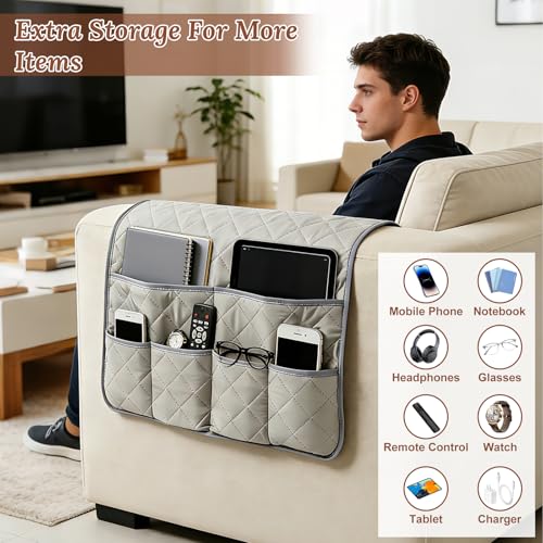 Sofa Armrest Organizer with 6 Pockets, Remote Control Holder for Recliner, Non-Slip Couch Chair Armrest Caddy Bedside Storage for Magazine Book TV Phone iPad Tablet, Grey - color: Option 1