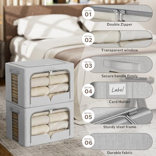 FHSQX 3 Pack Clothes Storage Bins Foldable Metal Frame Storage Box Stackable Linen Fabric Organizer Set with Carrying Handles and Clear Window (Light Gray, 15.7x11.8x11.8inch(36L)) - color: Light Gray, size: 15.7x11.8x11.8inch(36L)