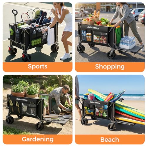 58”L Extender Collapsible Wagon, Extra Long Foldable Wagon Cart with Extended Tailgate, Heavy Duty Rolling Utility Cart with All-Terrain Big Wheels for Shopping Sports Beach, Black - size: 240L