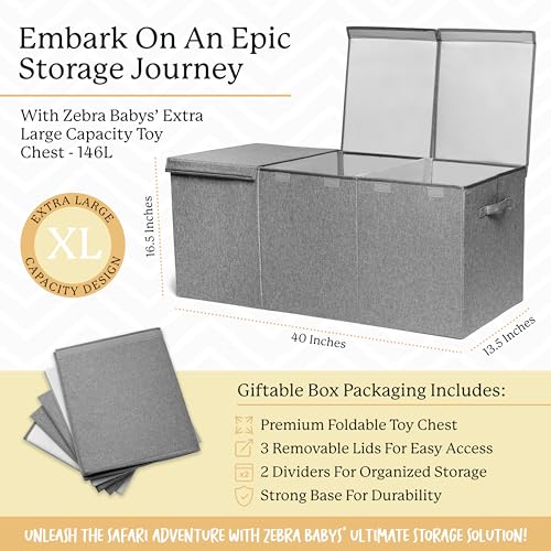 Zebra Baby Extra Large Toy Box Chest for Kids — Collapsible Toy Storage Organizer with Lid, 40" Wide, Removable Dividers, Boys & Girls - color: Grey
