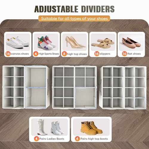 Budding Joy 2 Pack Shoe Organizer for Closet, Clear Foldable Shoe Storage Containers Adjustable Dividers Fits 16 Pairs,Shoe Storage Bins Baskets Boxes with Reinforced Handles Beige - color: Beige-yellow