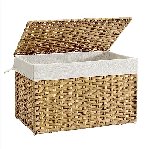 SONGMICS Storage Basket with Lid, Woven Blanket Storage Bin with Handles, Foldable, Removable Liner, Metal Frame, for Bedroom, Laundry Room, 27.7 Gallons (105 L), Natural URST066N01 - color: Natural, size: 105 L