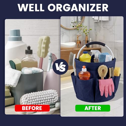 Cleaning Caddy with Handle and 6 Pockets, 17L Cleaning Supplies Organizer, 600D Oxford Fabric Storage Basket, Multifunctional Bucket Bag for Picnics, Camping, Gardening, Bathing (Dark Blue) - color: Dark Blue