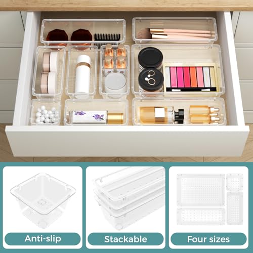 WOWBOX 44 PCS Clear Plastic Drawer Organizer Set, 5 Varied Size storage Bins and Desk Drawer Organizer Tool Trays for Makeup, Gadgets, Jewelry and Utensils in Bathroom, Bedroom and Office, Clear - color: Clear