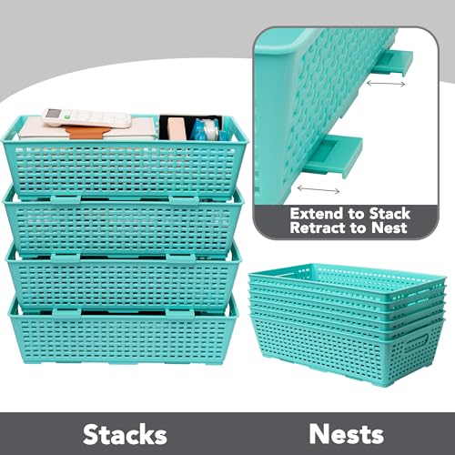 Tiawudi Stackable Woven Plastic Basket, Storage Bins for Cabinet, Closet, Shelf, Under Sink and Countertop, Pantry Organizer Bins, 6 Pack - color: Mint
