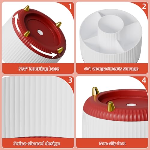 Marbrasse Desk Organizer, 360-Degree Rotating Pen Holder, Desk Organizers and Accessories with 5 Compartments Pencil Holder, Art Supply Storage Box Caddy for Office, Home (White+Red) - color: White+Red