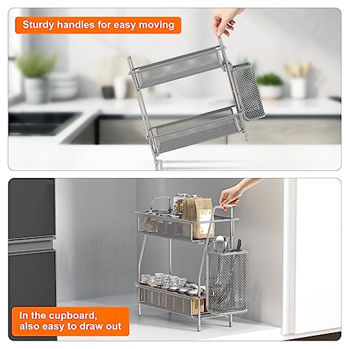 LEMIKKLE Spice Rack Organizer for Kitchen Counter, Spices Organizer and Storage Seasoning Organizer for Cabinet, Kitchen Metal Countertop Organizer with Side Basket (Grey) - color: Grey (Size: 7" x 12" x 13")