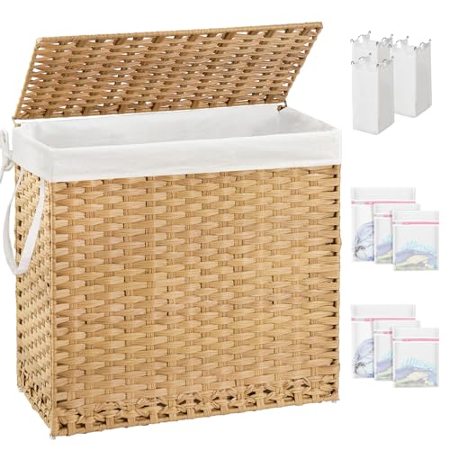 SETVSON Laundry Hamper with Lid Laundry Basket 132 L (35 Gal) Wicker Clothes Hamper, Handwoven Rattan Hamper with Handles and 4 Removable Liner Bags, 6 Mesh Bags for Laundry Bedroom Natural - color: Natural, size: 35.0 Gal