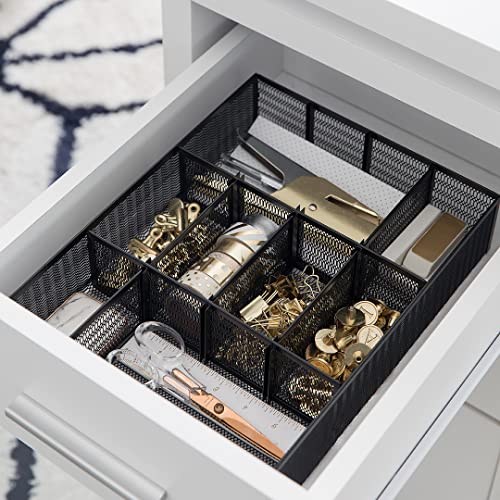 BLU MONACO | Black Metal Mesh Desk Drawer Organizer Tray | 12 Adjustable Compartments & 9 Removable Dividers | Space-Saving Office Supplies Organizer for Drawers, Vanity, Kitchen & Workspace Storage