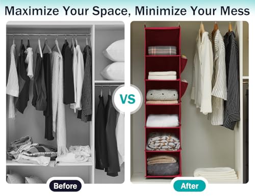 YOUDENOVA Hanging Closet Organizer and Storage, 6-Shelf Closet Hanging Storage Shelves, Dark Red - color: Dark Red