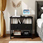 Edbuosy 27 Inch Wide Night Stand with Charging Station, Wood Nightstand with Open Shelf, Large Drawer Bedside Table for Living Room/Bedroom/Office (Black) - color: Black, size: 1 Drawer