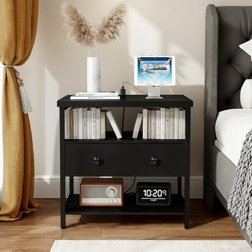 Edbuosy 27 Inch Wide Night Stand with Charging Station, Wood Nightstand with Open Shelf, Large Drawer Bedside Table for Living Room/Bedroom/Office (Black) - color: Black, size: 1 Drawer