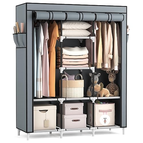 VTRIN Portable Closet Wardrobe for Hanging Clothes with 2 Hanging Rods and 8 Storage Organizer Shelves,Sturdy Large Wardrobe Closet for Bedroom Free Standing Clothes Rack with Cover,Grey - color: Grey, size: 3 Row - 49'' Wide