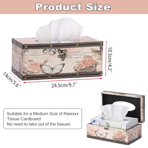Vintage Tissue Box Cover, Wood Rectangular Tissue Box Holder, Decorative Butterflies Faux Leather Tissue Holders for Table Bathroom Living Room Kitchen Office Car Home Decor, Distressed Pink - size: Medium