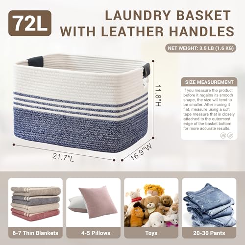 72L Large Laundry Basket with Leather Handles for Living Room Storage, Woven Rope Baskets Bin for Blanket, Kids Toy, Gifts, Wicker Hamper for Bedroom Dirty Clothes, 22"x17"x12" Denim Blue - color: Denim Blue, size: 72L