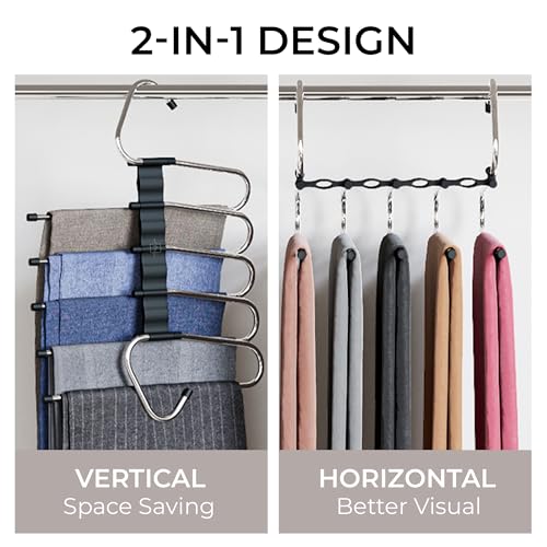 MORALVE Pants Hangers Space Saving - 4 Pack - Non-Slip Multi-Layer Space Saving Hangers - Multifunctional Clothing Rack for Closet Storage - Ideal for Jeans, Trousers, Skirts, Scarves & Slacks (Black) - size: 4 Pack