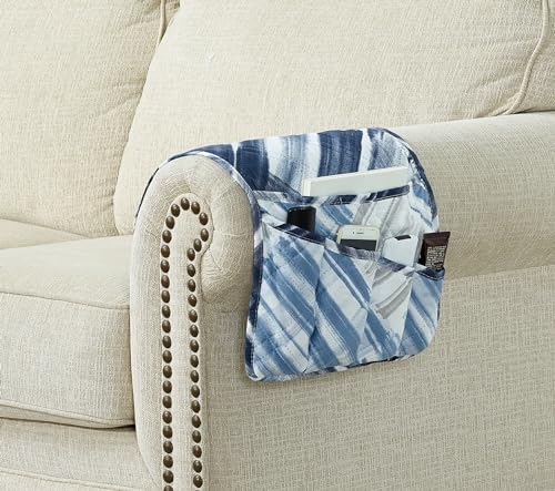 Brilliant Sunshine Blue Grey Stripes Patchwork Couch Armrest 5 Pockets Organizer, Slip Resistant Recliner Armchair Caddy, Washable Remote Controls Holder, Storage for Magazine, Tablet, iPad, Blue Grey - color: Blue Grey