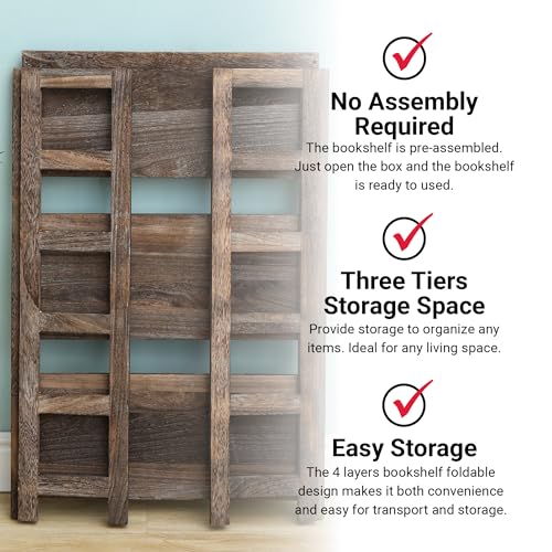 Proman Products - Hickory Bookshelf, Folding Bookshelf, Wooden Storage Shelves (3 Tiers, Rustic Brown) - size: 3 Tiers