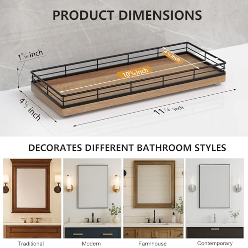 Bathroom Tray for Counter Top Organizer – Acacia Wood Vanity Tray with Metal Frame for Dresser, Kitchen, Nightstand – Black & Acacia Decorative Storage - color: Black & Acacia, size: 11" x 4.5" x 1.5"