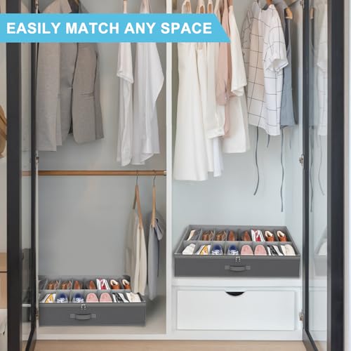 Under Bed Shoe Storage Organizer for Closet, 32 Pairs Sturdy Underbed Shoe Storage Boxes Bins Container Foldable Shoes Storage with Handles & Clear Window for College Dorms Light Grey, Set of 2 - color: Light Grey