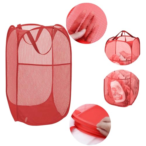 Larpur Popup Mesh Laundry Basket, Collapsible and Portable Clothes Washing Laundry Hamper with Reinforced Carry Handle (Red) - color: Red