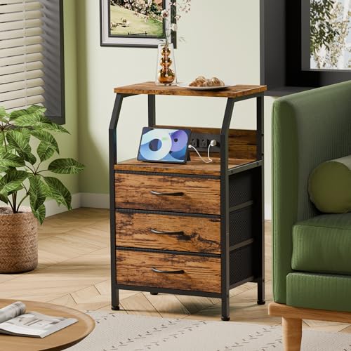 Furnulem Night Stand with Charging Station, USB Ports and Outlets, 28.3 Inch Tall Bedside Table with Wood Shelf, 3 Fabric Drawers Side Table for Bedroom, 3 Ways to Use, Rustic Brown - color: Rustic Brown, size: 3 Drawer