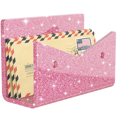 Mail Organizer Envelope Holder - Glitter Pink Acrylic Mail Holder Countertop Vertical Desk Organizer Small File Bill Document Notebook Letter Sorter for Home School Office Supplies - color: Glitter Pink, size: 1 Compartment