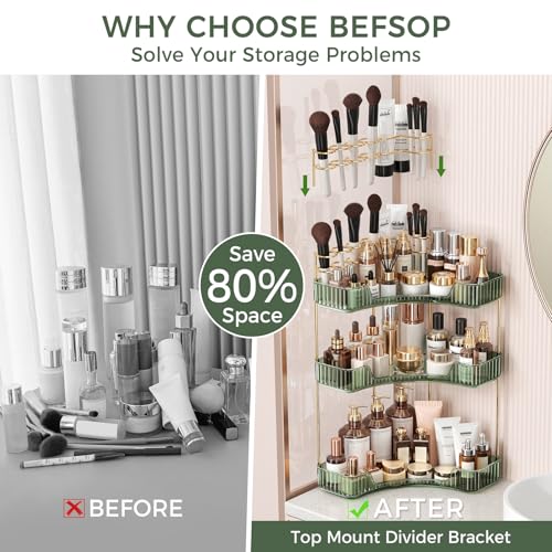 BEFSOP Corner Bathroom Counter Organizer, Upgraded 3-Tier Makeup Organizer Countertop with Makeup Brush Holder, Skincare Exquisite Vanity Organizers Countertop Bathroom Storage Dresser(Green) - color: Green, size: 3 Tier