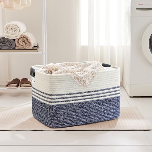 100L Extra Large Laundry Basket with Leather Handles for Living Room Storage,Woven Rope Baskets for Blanket,Kids Toy,Gifts,Wicker Hamper for Bedroom Dirty Clothes,24"x16"x16" Denim Blue - color: Denim Blue, size: 100L