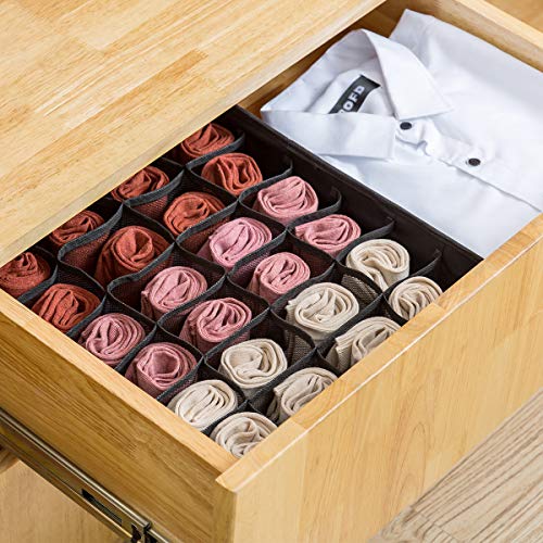 Qozary 2 Pack Socks Underwear Drawer Organizer Divider, 24 Cell or 16 Cell Collapsible Cabinet Closet Organizer Storage Boxes for Clothes, Socks, Lingerie, Underwear, Ties - color: Black, size: 24 Cells