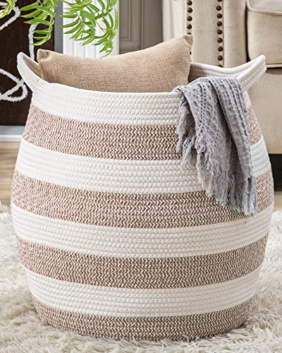 KAKAMAY Woven Baskets for Storage(17"x17"),Large Cotton Rope Woven Baby Laundry Hamper,Collapsible Laundry Basket, Blanket Basket for Organizing Living Room,Nursery,Pillows,Toy Chest(Rose) - color: Rose