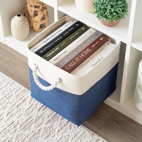 OrganiHaus 11x11 Cube Storage Bins 4 Pack, Foldable Cube Storage Organizer w/ Rope Handles, Collapsible Fabric Bins for Toys, Clothes & Closet Organization, Fabric Square Baskets - Navy Blue - color: Navy Blue Base / Off-White, size: 4 pcs (11x11)