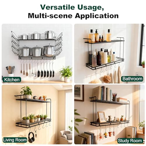 Housolution Pot Rack Wall Mounted, 22''-30'' Length Expandable, 3 Level Height Adjustable, 2 Tier Heavy Duty Hanging Cookware Pan Organizer with 12 Hooks and 8 Lid Holders - color: Black, 2 Tiers