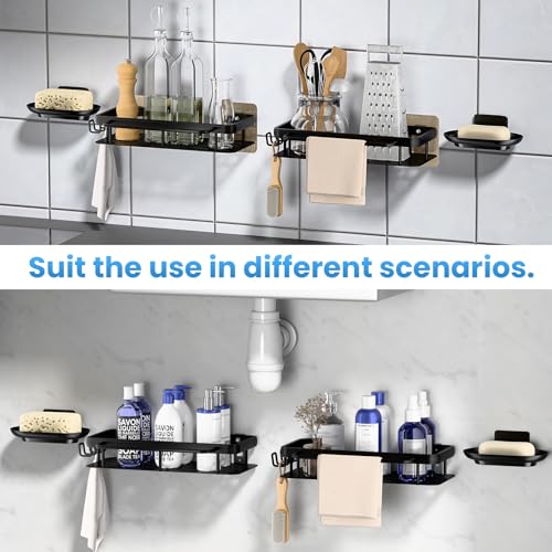 4-Pack Adhesive Shower Caddy with Soap Holder – Rustproof Aluminum Black Shower Shelves & Towel Bar, No Drill Bathroom Organizers and Storage, Anti-Tip Shower Rack for Inside Shower - size: 4-Pack