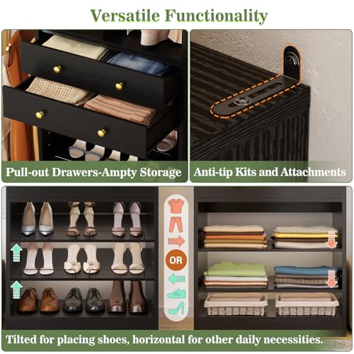 Besiost Closet System, Up to 134"/11.2 FT Closet Organizer with 4 Wooden Drawers and Shelves, Walk-in Closet System with 6 Hanging Rods, Built-in Closet Can Fit 96"/8FT, 120"/10FT, Black - color: Black, size: Style A: 77.6"—134"(W)