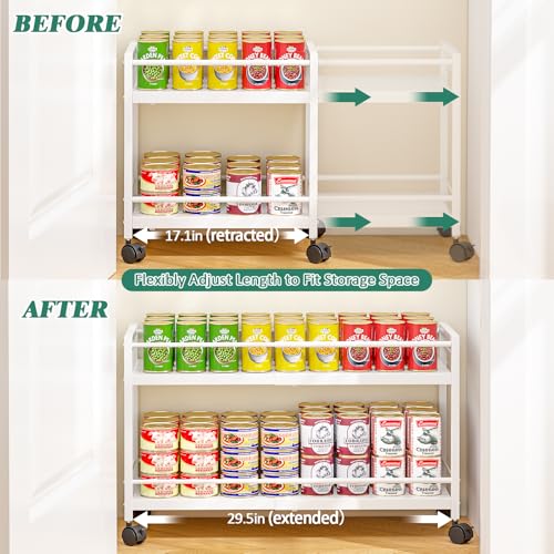 2-Tier Expandable Rolling Pantry Cart with Wheels, Adjustable Floor Organizer for Kitchen Pantry, Can Organizer for Pantry, Storage Cart for Snack, Food, Vegetables, White, Patent Pending - color: White