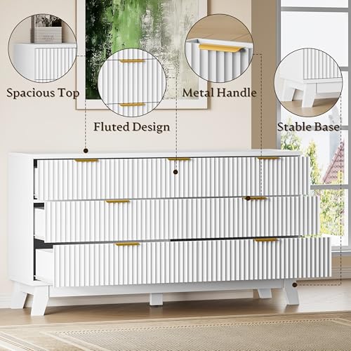BORNOON Fluted 7 Drawer Dresser, 47.2" Wide Modern Boho Chest of Drawers, Wooden Storage Dresser TV Stand for Bedroom, Living Room, Closet, Hallway, Curved Profile Design - color: Pure White, size: 7-Drawer