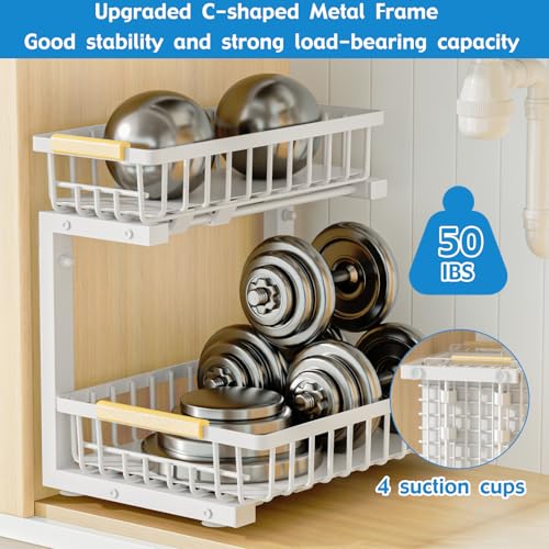 2Pcs Under Sink Organizer, Adjustable Under Sink Organizers and Storage, 2-Tier Pull Out Under Kitchen Sink Organizer, Sliding Out Metal Under Bathroom Sink Organizer for Kitchen Pantry White - color: White
