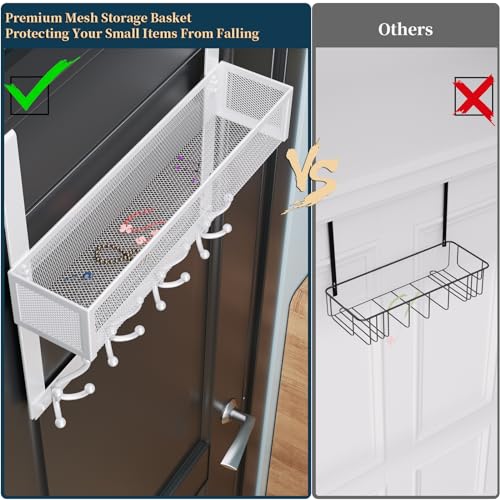 Consumest Over The Door Hooks Organizer - Door Hanger with Mesh Basket & 16 Coat Rack Hooks, Back Storage Organizer for Bedroom, Bathroom, Kitchen, Office, White - color: White-16 Hook 1 Mesh, size: 2 Tier