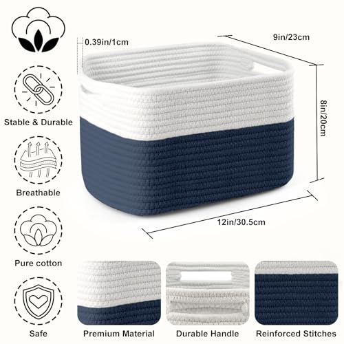 4 Pack Storage Baskets for Organizing, 12''Lx9''Wx8''H Woven Baskets for Storage Toys, Towels, Books, and Clothes, Cotton Rope Basket for Shelves with Handle - color: White & Navy blue