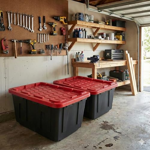 27 Gal Industrial Tote,4 Pack Plastic Storage Bins with Lids Tough Large Storage Bin,Black with Red Lid Plastic Storage,Stackable & Nestable for Garage, Basement, or Outdoor (4 Pack) - size: 4 Pack
