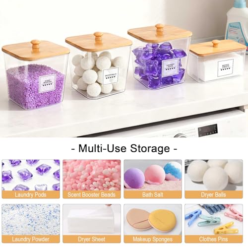 4 Pack Laundry Pods Container and Dryer Sheet Holder with Bamboo Lids, Laundry Room Organization Set with Labels and Scoops for Detergent Powder, Scent Booster Beads, 2600 +2000ml/0.53+0.7gal