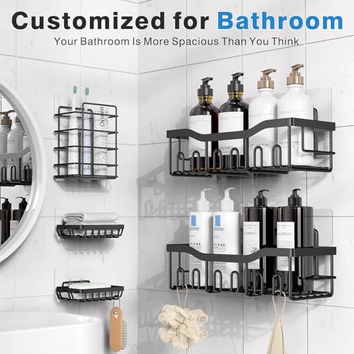 EUDELE 5-Pack Rustproof Stainless Steel Shower Caddy Set– No Drill Adhesive Bathroom Organizer, Space-Saving Shower Shelves for Apartment Essentials, Bathroom/Kitchen Storage Home Decor-L Size - color: Black-5pcs