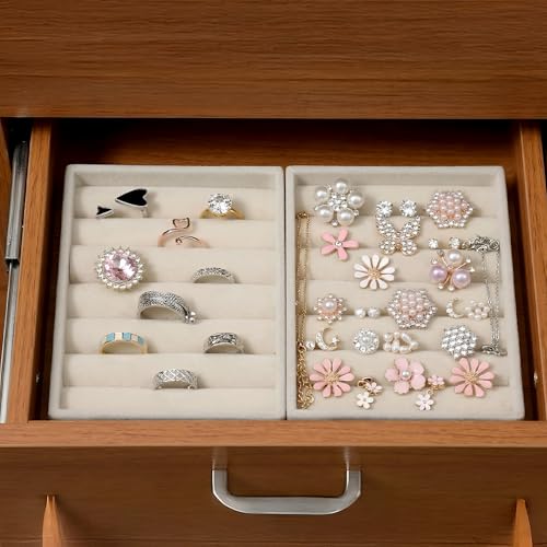 2 PCS Small Jewelry Tray Ring Organizer, Velvet Stackable Ring Organizer Mini Jewelry Drawer Organizer Tray 6 Slots Ring Stud Earrings Display Case for Women(Beige) - color: Beige
