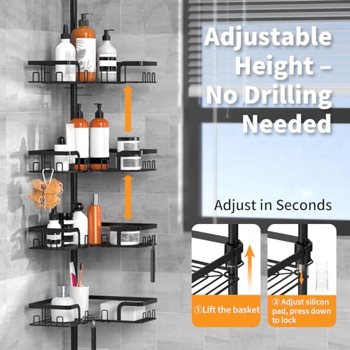 KEGII Shower Caddy Tension Pole – 4-Tier Adjustable Corner Bathroom Organizer Shelves with 2 Soap Holders, Hooks, Floor to Ceiling Storage Rack for Families & Renters, 25-114.2 Inch - style: Tension Caddy with Soap Holder（Black）