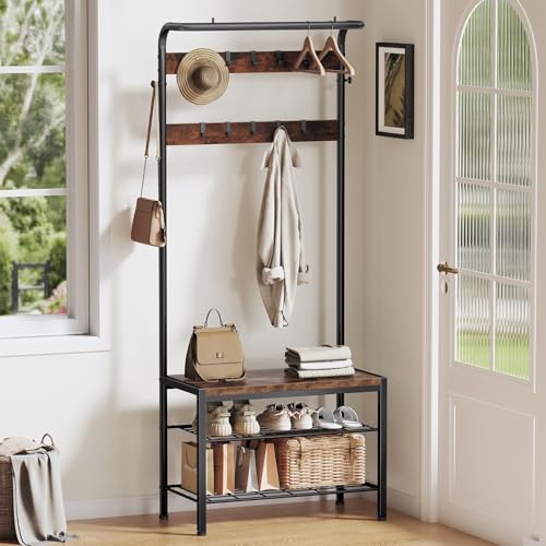 Hall Tree with Bench and Shoe Storage, 4-in-1 Entryway Organizer with 10 Hooks and Storage Shelf,Coat Rack Freestanding with 2-Tier Storage Shelf for Living Room, Bedroom Rustic - color: Rustic