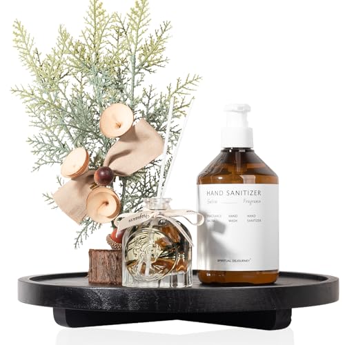 Round Decorative Tray Wood Bathroom Counter Organizer Farmhouse Kitchen Decor Wooden Riser for Soap Dish, Perfume, Candle, Sponge, 12" - Black - color: Black, size: 12"