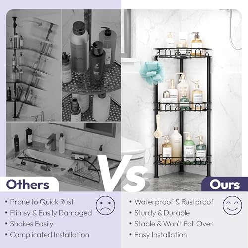 SWTYMIKI Standing Shower Caddy Corner - 3‑Tier Stainless Steel Shower Organizer Shelf with 12 Hooks and Adhesive Pads, Rustproof Corner Shelves Stand Rack for Bathroom Shower Room, Black - color: Black